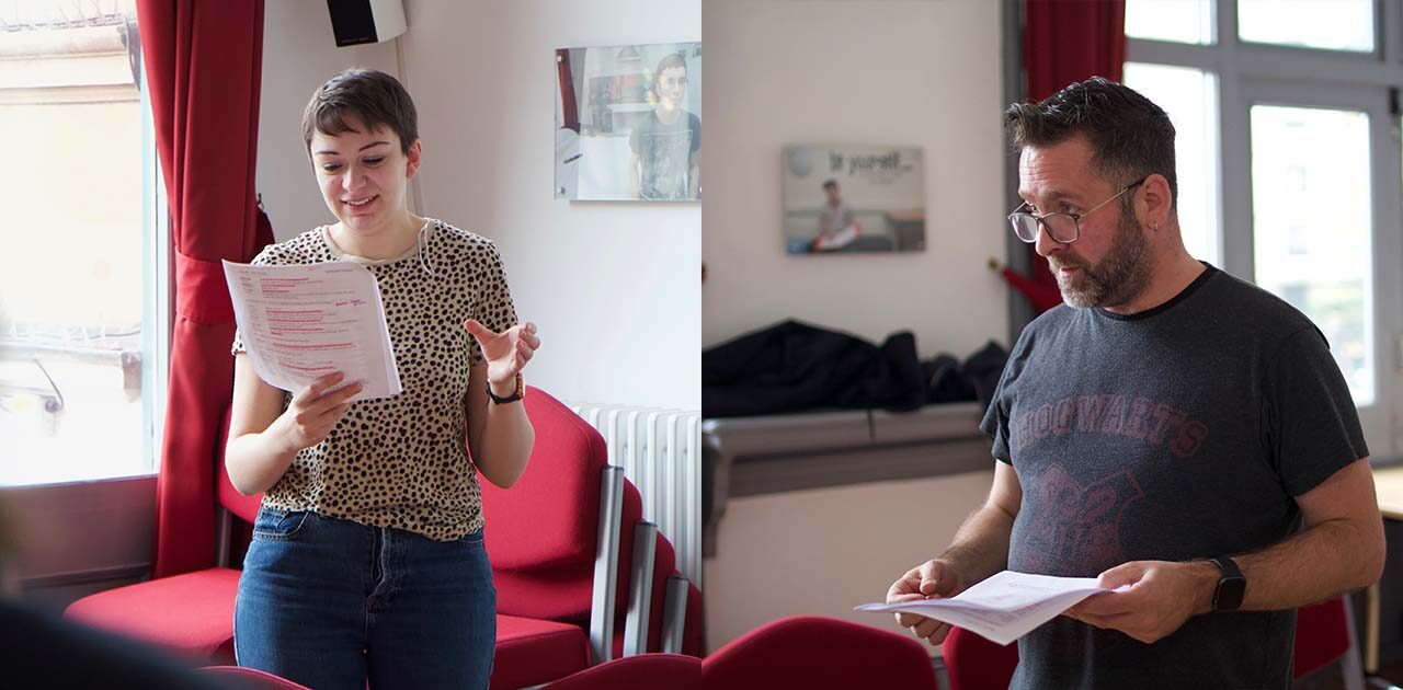 A split image: one of a white woman looking down at a highlighted script, the other a white man discussing his script with someone off camera. We see tables and a stack of chairs behind them.